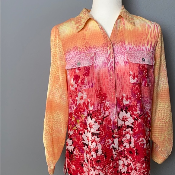 NYCollection Orange Pink Floral Button Down Blouse - Picture 2 of 10